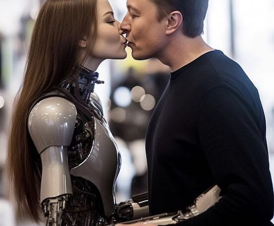 Илон Маск целует прекрасную девушку-андроида (сгенерировано ИИ)