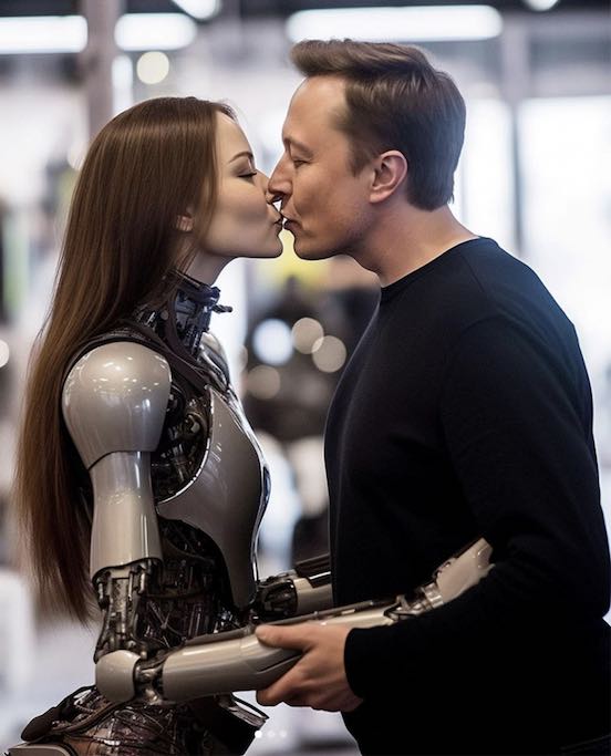 Илон Маск целует прекрасную девушку-андроида (сгенерировано ИИ)